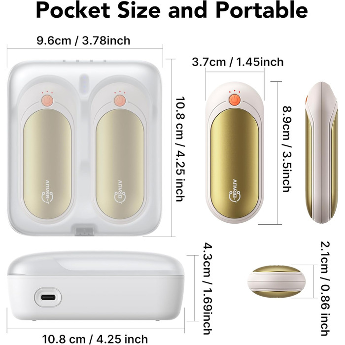 Електричні грілки для рук J-BRAUV 2 шт. 4000mAh з зарядним пристроєм 10000mAh, 3 режими нагріву, USB, до 24 годин, портативні (Золотий)