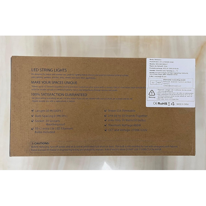 Ланцюжок прикрас для зовнішнього використання 30 м, ST45, LED, E27, тепле біле світло 2700K, IP65, вологостійкий, 30 x 1W, скляні лампочки S14 для вечірок та святкування