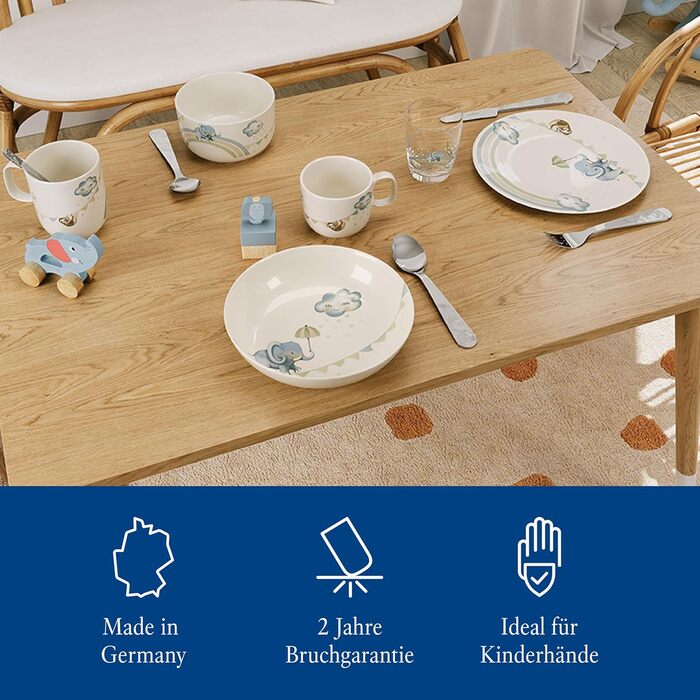 Дитячий набір посуду Villeroy & Boch Boho Kids 'Walk like an elephant' (3 шт.) – блакитний, преміум-посуд для дітей, миття в посудомийній машині, безпечний для мікрохвильовки, з зображенням слона та лінивця