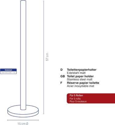 Тримач для туалетного паперу Carta, Ø 15 см, металевий, висота 57 см, на 5 рулонів паперу, 22826 (нержавіюча сталь, тримач для туалетного паперу, 57 см)