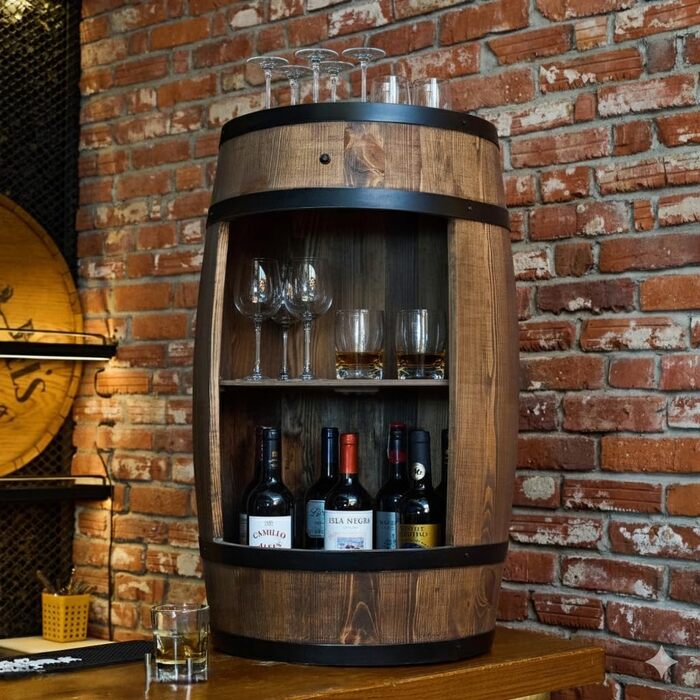 Дерев'яний бар з полицями для вина CREATIVE COOPER Fass - LED підсвітка, 80x50 см, стилістика рустік