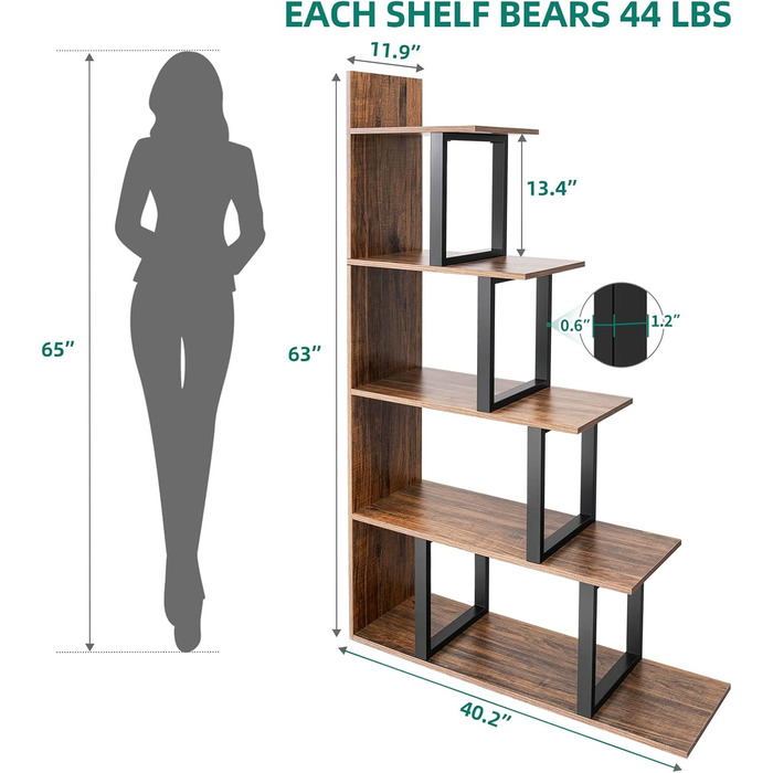 Стильна полиця YITAHOME з 5 полицями, L-подібної форми, чорно-коричневого кольору, для вітальні, спальні, офісу
