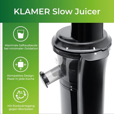 Повільна соковижималка KLAMER для овочів і фруктів, соковижималка з редуктором заднього ходу, електричний прес для фруктів зі щіткою та 2 контейнерами, тонкий дизайн, чорний