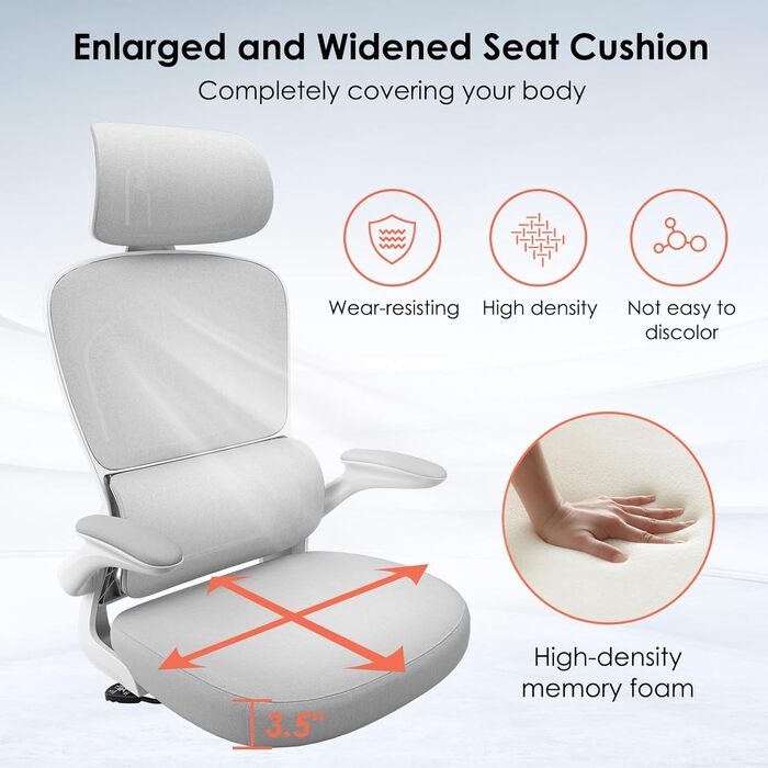 Ергономічне крісло Farini для офісу та дому: регульоване, з підголівником, сіро-біле. Ідеально для роботи за комп'ютером та в home office.