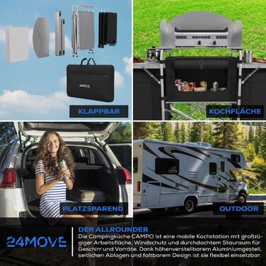 Складана туристична кухня 24MOVE® Campo: шафа для кемпінгу з робочою поверхнею та відсіками для зберігання (175x46x110, чорний)