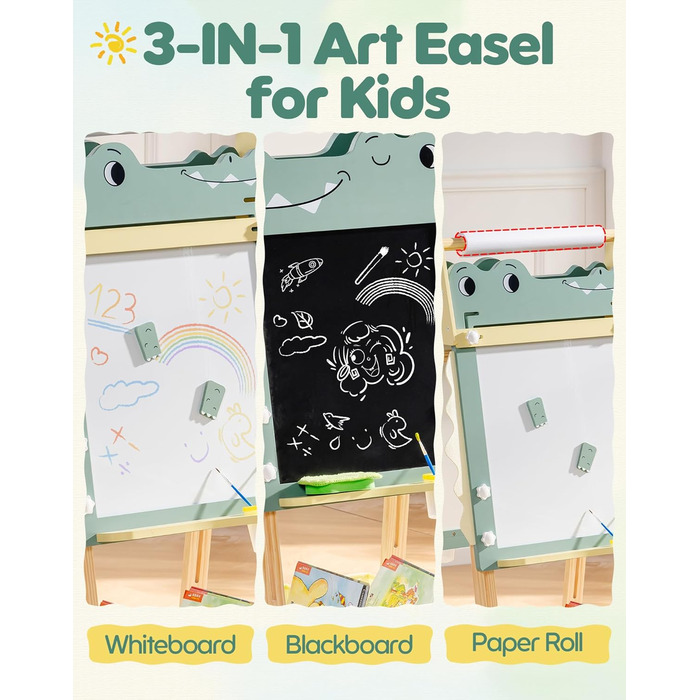 Мольберт для малювання ROBOTIME Alligator – 3-в-1, регульована висота, дерев'яний мольберт з магнітною дошкою, крейдяною дошкою та держателем для рулонів паперу, дитяча арт-станція для хлопчиків та дівчаток