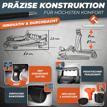 Гідравлічний домкрат HAMMERHART 3T з низьким профілем, 75-505мм, колеса 360°, подвійний поршень, гумові накладки, T-ручка - перевірена якість TÜV