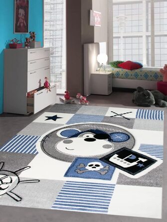 Килим CARPETIA для дитячої кімнати, для дитячої кімнати, для хлопчиків, Мавпа, пірат, синій кремовий, сірий, чорний, Розмір (120 см круглий)