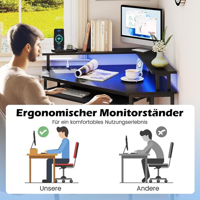 COSTWAY кутовий стіл з зарядкою, трикутник, LED-підсвітка, підставка для клавіатури та монітора, геймінговий, для дому/офісу (білий/чорний)