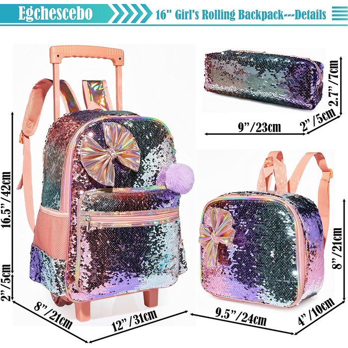 Дитячий рюкзак Egchescebo Satchel для дівчаток на колесах 17 3PCS Туристичні рюкзаки (Hudiejie-xiangbinse)