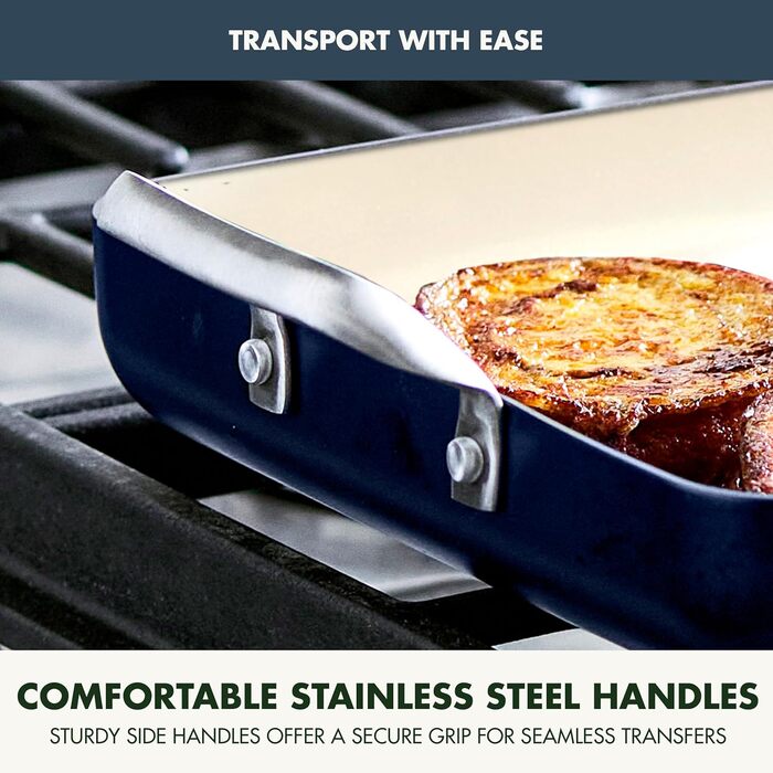 GreenPan сковорода-гриль з подвійним дном, 45.7 x 27.9 см, керамічне покриття, антипригарна, без PFAS, нержавіючі ручки, для плити, посудомийна машина, духовка та гриль, блакитний колір Oxford