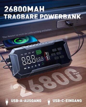 Powerbank для авто ANFLAG 7000A з компресором 160PSI, 26800mAh, для бензинових та дизельних двигунів (до 12.0L), LED-ліхтар
