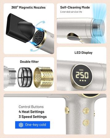 Іонічний дорожній фен HITTIONA 3 в 1 з диффузором, золото: швидке сушіння, подвійна напруга (100-240V), низький рівень шуму