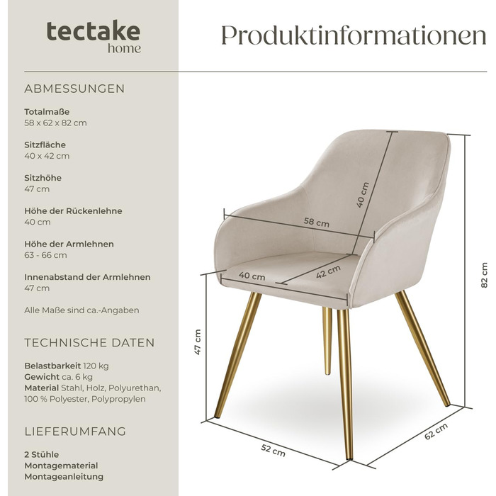 Крісла Tectake® для вітальні та обідньої зони: зручні крісла з підлокітниками, м'які, з оксамиту, колір кремовий/золотий (2 шт., тауп/золотий)