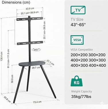 Підставка для телевізора 43-65 дюймів (LCD, LED, OLED) до 35 кг, регульована по висоті та поворотна, дерев'яна, з підносом, VESA 400x400 мм, чорний кований метал