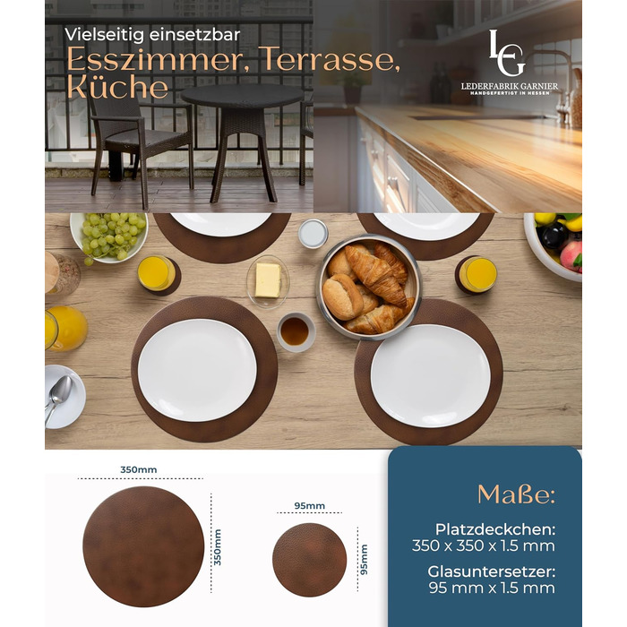 Набори серветок Garnier® з екологічного шкіряного матеріалу, 4 шт. – Миючі, стабільні, протиковзні – Виготовлено в Німеччині (круглі, темно-коричневі)