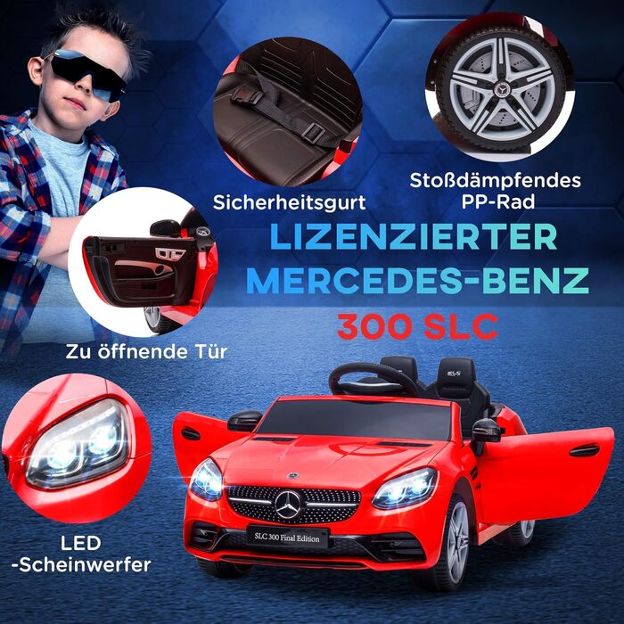 Дитячий електромобіль Mercedes SLC 300 12V з пультом, LED-фарами, ременем безпеки та музикою, червоний, для дітей від 3 років