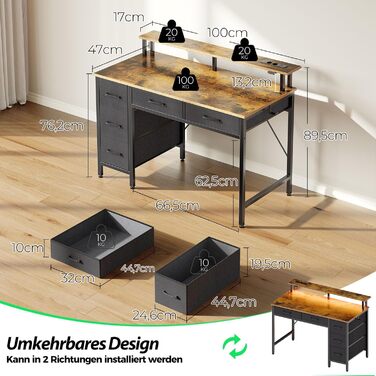 Комп'ютерний стіл Seventable з розетками та LED-підсвіткою, 100 см, геймінговий стіл з 5 висувними ящиками та підставкою для монітора, для офісу, кабінету, спальні, вітальні (Вінтажний коричневий)