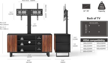 Тумба під телевізор FITUEYES з кронштейном, дерев'яна, на 32-70 дюймів, регульована по висоті, поворотна, до 40 кг, VESA 600x400