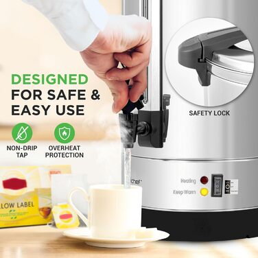 NutriChef Електричний автоклав та дозатор гарячої води 13л - нержавіюча сталь з захисним кришкою та краном без протікання | Функція підігріву для глінтвейну, чаю, кави | Для комерційного та приватного використання | 1100W компактний пристрій (19 літрів)