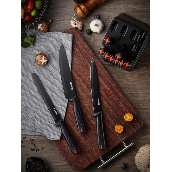 Набір ножів FOHERE 13 предметів з точилкою: якісний набір кухонних ножів з нержавіючої сталі з точилкою та підставкою, чорний граніт
