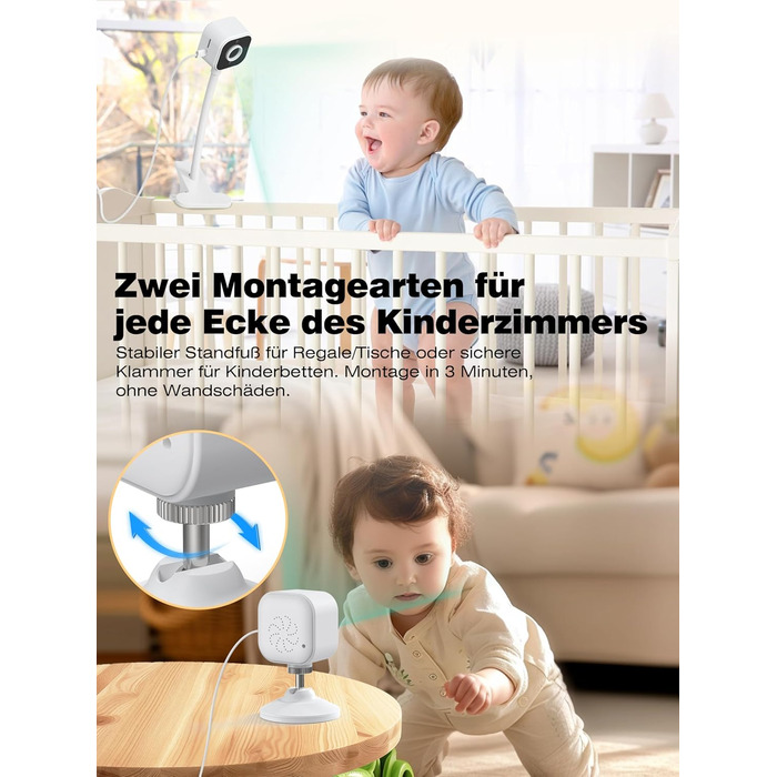 Відеоняня з камерою 1080P без Wi-Fi: монітор, тримач, кліпса для ліжечка, двосторонній звук, датчик температури, виявлення плачу, нічне бачення, 8 колискових, запис фото/відео, SD-карта в комплекті (біла)
