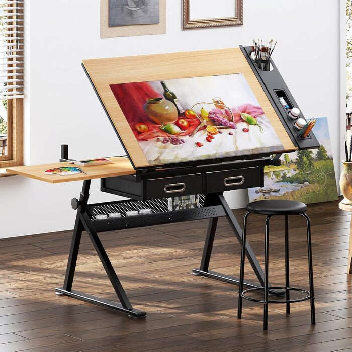 Регульований стіл для малювання та роботи, з хокером та ящиками. Ідеально для техніків, архітекторів та студентів мистецтв