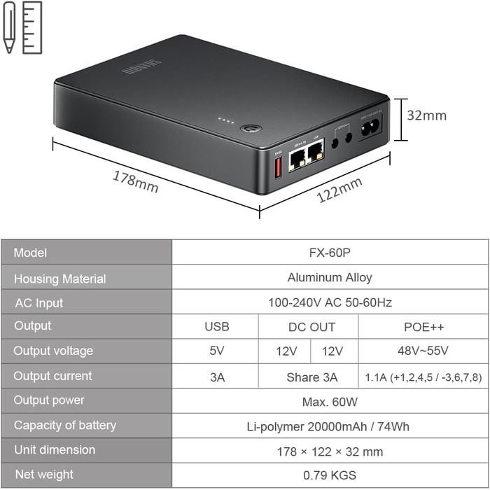 Mini UPS з Gigabit POE для роутера, модему, камери відеоспостереження. Вхід AC, вихід 5V USB, 12V DC та 48V~55V POE++