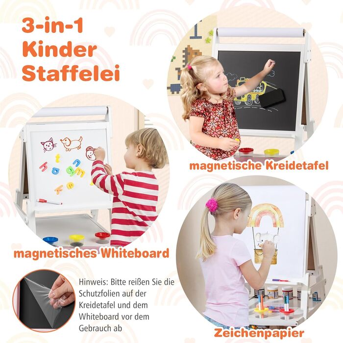 Дитяча мольберт DREAMADE 3 в 1 з магнітною дошкою, крейдою та рулоном паперу, для малювання та творчості, від 3 років (білий)