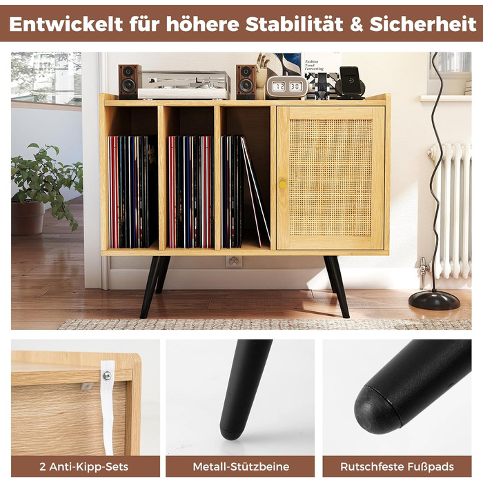 COSTWAY Стійка для програвача з зарядкою, стіл для зберігання вінілових платівок, меблева шафа з ротангу та дерева, підставка для 220 платівок, 80 x 40 x 65 см (натуральний колір)