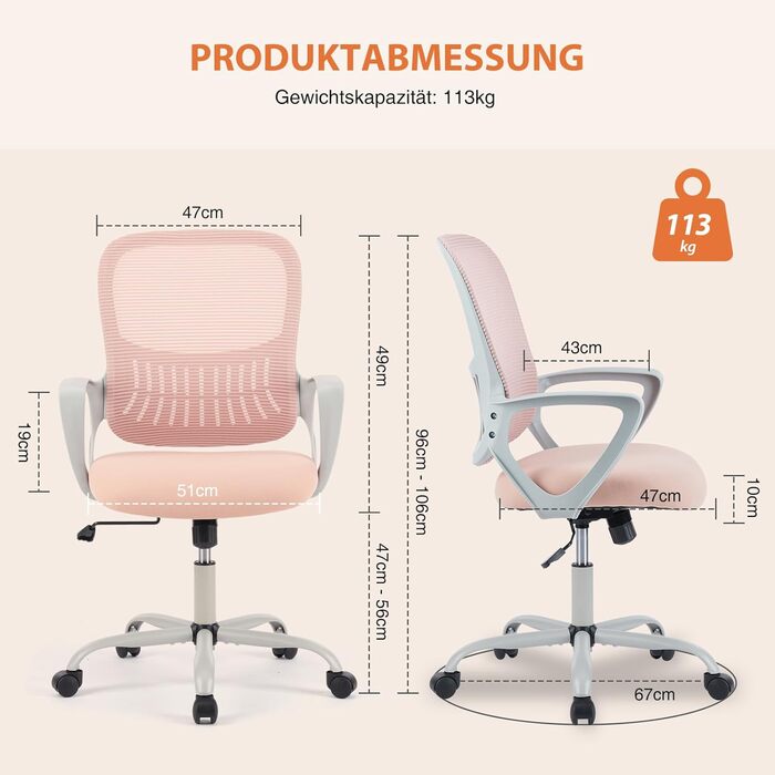 Офісний стілець Sweetcrispy з регульованими підлокітниками, ергономічний, з підтримкою попереку, регульована висота, поворотний на 360°, з м'яким сидінням, чорний (рожевий, фіксовані підлокітники)