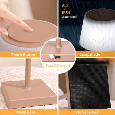 Aigostar LED акумуляторна настільна лампа бездротова, торшер з сенсорним керуванням, 3 режими кольору, IP54 вологозахист, для дому та саду (Світло-коричневий)