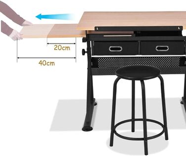 Стол для малювання RELAX4LIFE з регулюванням висоти та нахилу, з ящиками та пуфом, 110 x 69,2 x 73,5-98 см, професійний стіл для художника з двома столешницями, дерев'яний