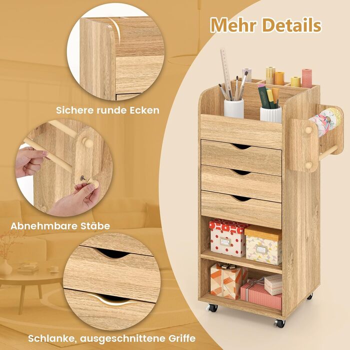 Роликовий контейнер COSTWAY з 3 висувними ящиками, візень для рукоділля з 2 стійками та 3 полицями, дерев'яний шафка на колесах, багатофункціональний візень для офісу та робочого кабінету (білий, натуральний колір)