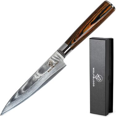 Ніж кухарський Damast від Wolfblood (24см) з нержавіючої сталі Damast, 67 шарів, з дерев'яною ручкою, сертифікований TÜV, у подарунковій коробці з захистом леза