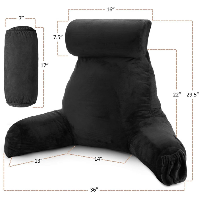 Подушка для читання Clara Clark з великим спинним підпором, з піною з пам'яті, чорна подушка для сидіння в ліжку/стільці з підлокітниками та кишенями, велика