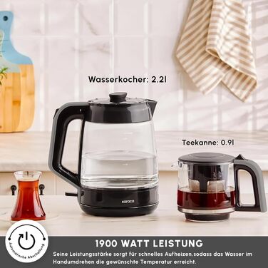 Чайник-заварник електричний Karaca Glass XL 2 в 1, чорний, 0.9л/2.2л, LED, 360°