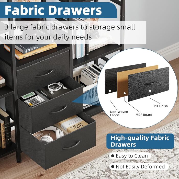 Стильна полиця-стеллаж з 4 висувними ящиками з тканини, 142 см, чорний колір. Ідеально для вітальні, офісу, кухні, балкону. Книжкова полиця, стелаж-куб, полиця для зберігання.