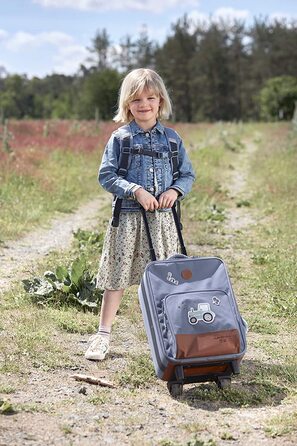 Повсякденний дитячий дорожній чемодан на візку з пакувальним ременем і роликами 46 см, 3 роки (трактор)