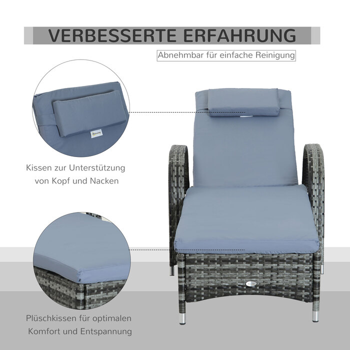 Outsunny Garden Furniture Садовий шезлонг Шезлонг мобільний з подушками, поліротанг і метал, сірий, регульований 200x73x30-103см для саду та тераси