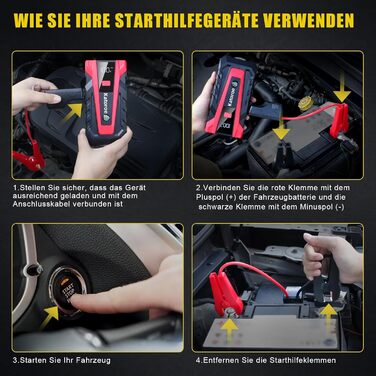 Powerbank Starthilfe 4000A: Зарядний пристрій для автомобіля, SUV та мотоцикла з LED ліхтариком. Підходить для бензинових двигунів до 9.0L та дизельних до 7.0L.