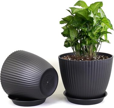 Набір горщиків для квітів з підставкою (8 шт.) 19/17.5/16.5/16/14/13/11.5/10 см, пластик, чорний, для дому та балкону