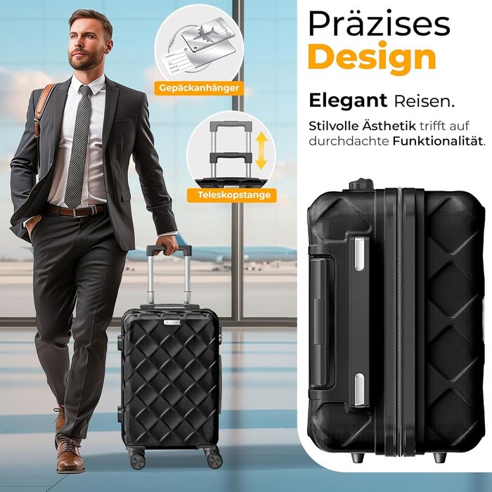 Набір валіз KESSER з 3-х предметів, ABS пластик, жорсткий корпус, з кодовим замком, вагами для багажу та дорожньою сумкою, колеса 360°, чорний