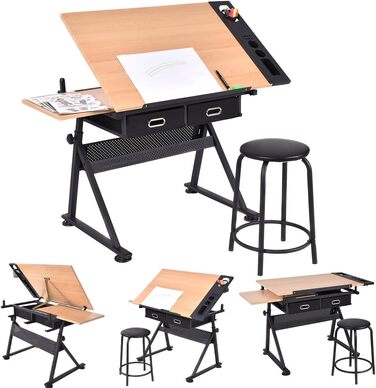 Дерев'яний дитячий стіл DREAMADE з регулюванням висоти та нахилу, з ящиками та табуретом - ідеальний для школи та офісу