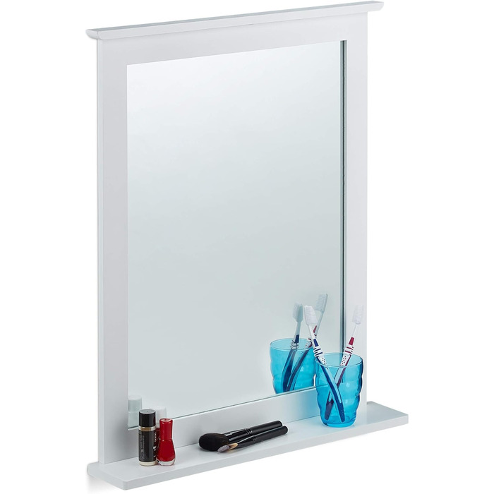 Дзеркало на стіну Relaxdays з поличкою, бамбук, біле, 68x56x10 см