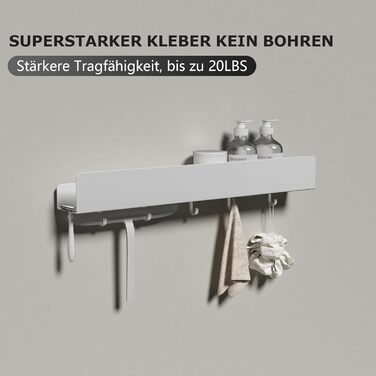 Поличка для душу Rekita без свердління, органайзер для ванної кімнати 40 см, поличка з нержавіючої сталі з 4 знімними гачками, тримач для шампуню для душу, настінна поличка, органайзер для ванної кімнати (Білий-50 см)