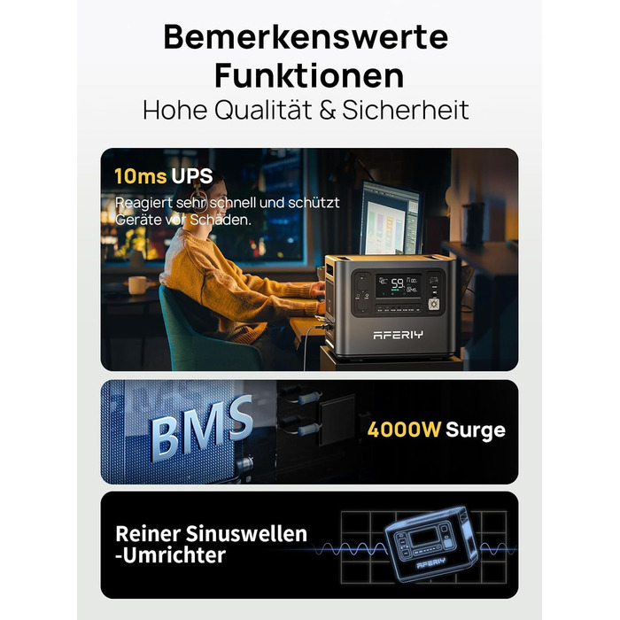Портативна електростанція AFERIY 3840Wh з LiFePO4 акумулятором, 3x230V AC, 7200W (пікове), 2200W швидка зарядка, для кемпінгу та подорожей