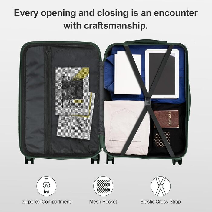 Набір валіз LALAHO 2 шт. з косметичкою, ABS, телескопічний ручка, захист кутів, сірий (Dunkelgrün-1, M (55CM))