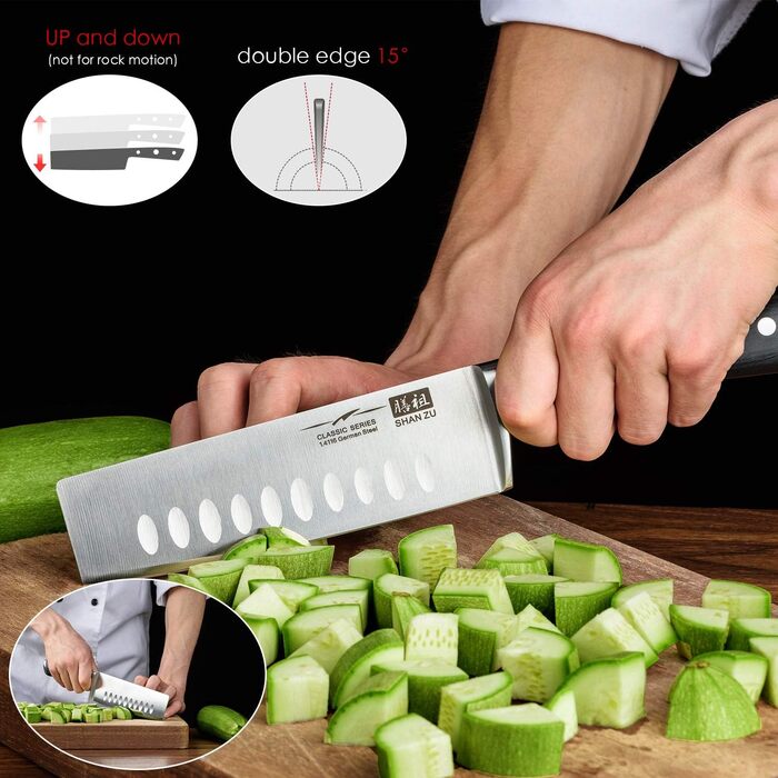 Набір кухонних ножів SHAN ZU з бруском, 14 предметів. Професійний німецький набір кухонних ножів з точильним бруском. Комплект ножів для кухні (включає Nakiri ніж 16.5 см)