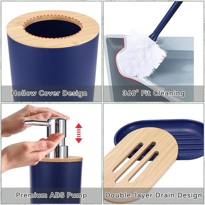 Набір аксесуарів для ванної кімнати SLDIYWOW 9 шт. (Морська блакить): Мülleimer, лоток, дозатор мила, тримач для зубних щіток, стаканчик для щіток, мильниця, WC-щітка, тримач для ватних паличок